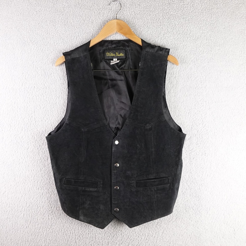 Western Frontier Mens Black Leather Suede Snap Front Biker Cowboy Vest Medium